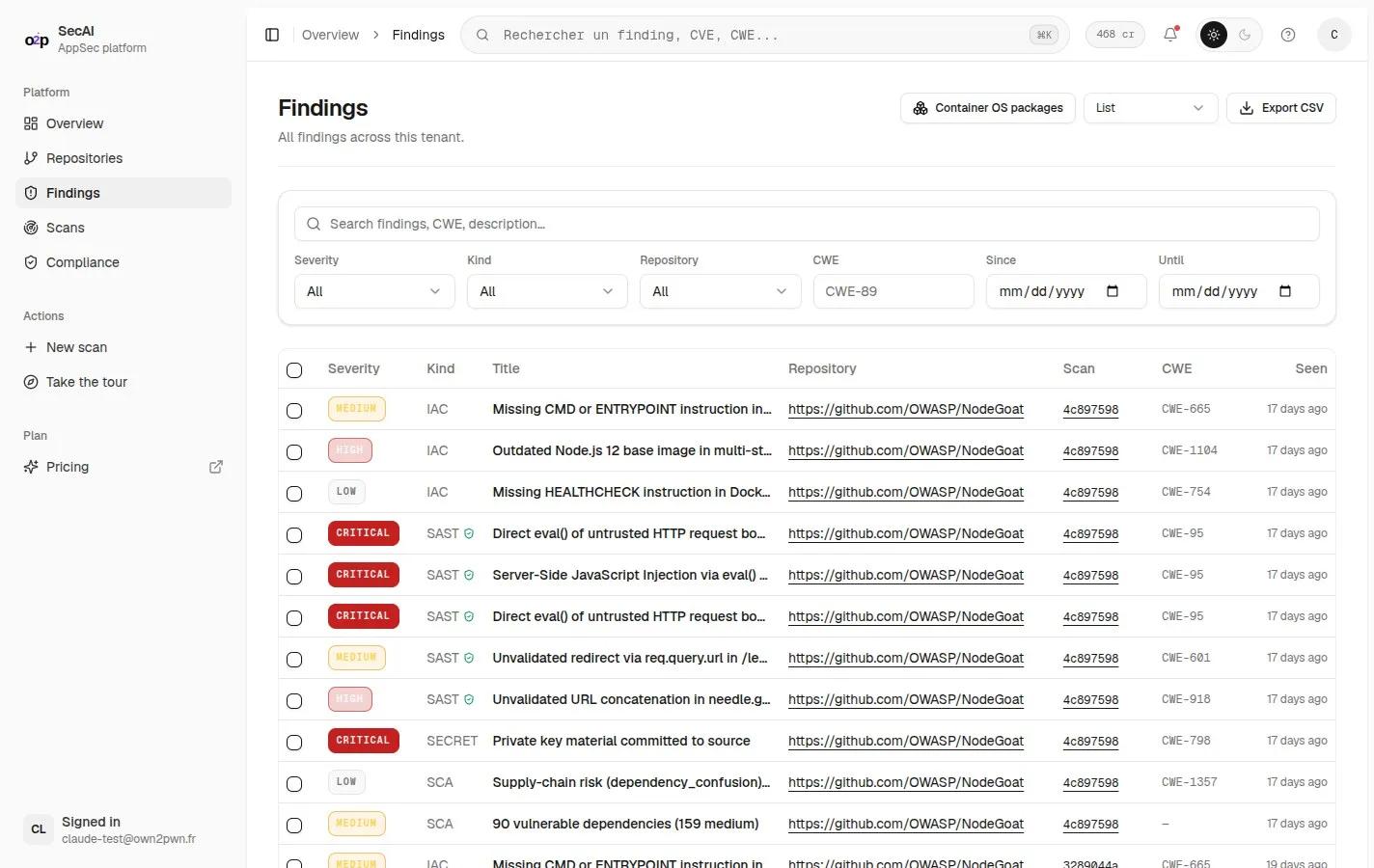Dashboard SecAI own2pwn : findings de code priorisés par sévérité (SAST, SCA, secrets, IaC) avec CWE.